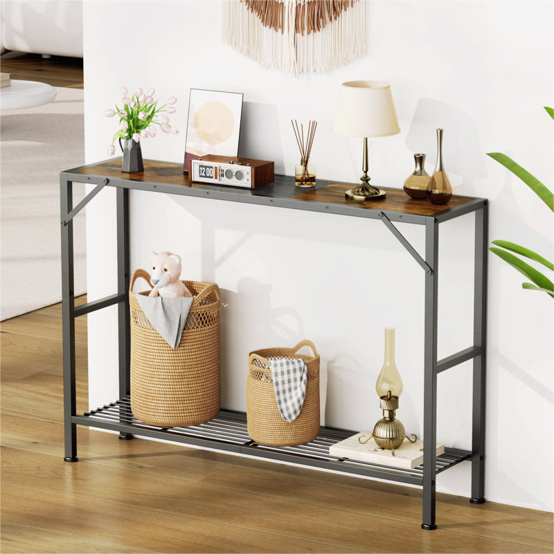 Rustic Brown Slim Wood and Metal Console Table with Storage