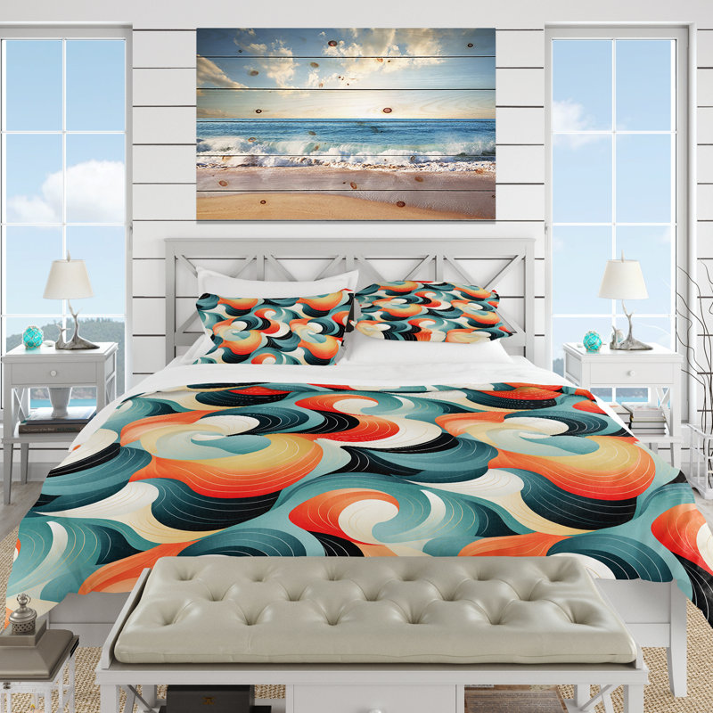 Literie à motifs géométriques orange et verts, Housse de couette pour très grand lit et 2 très