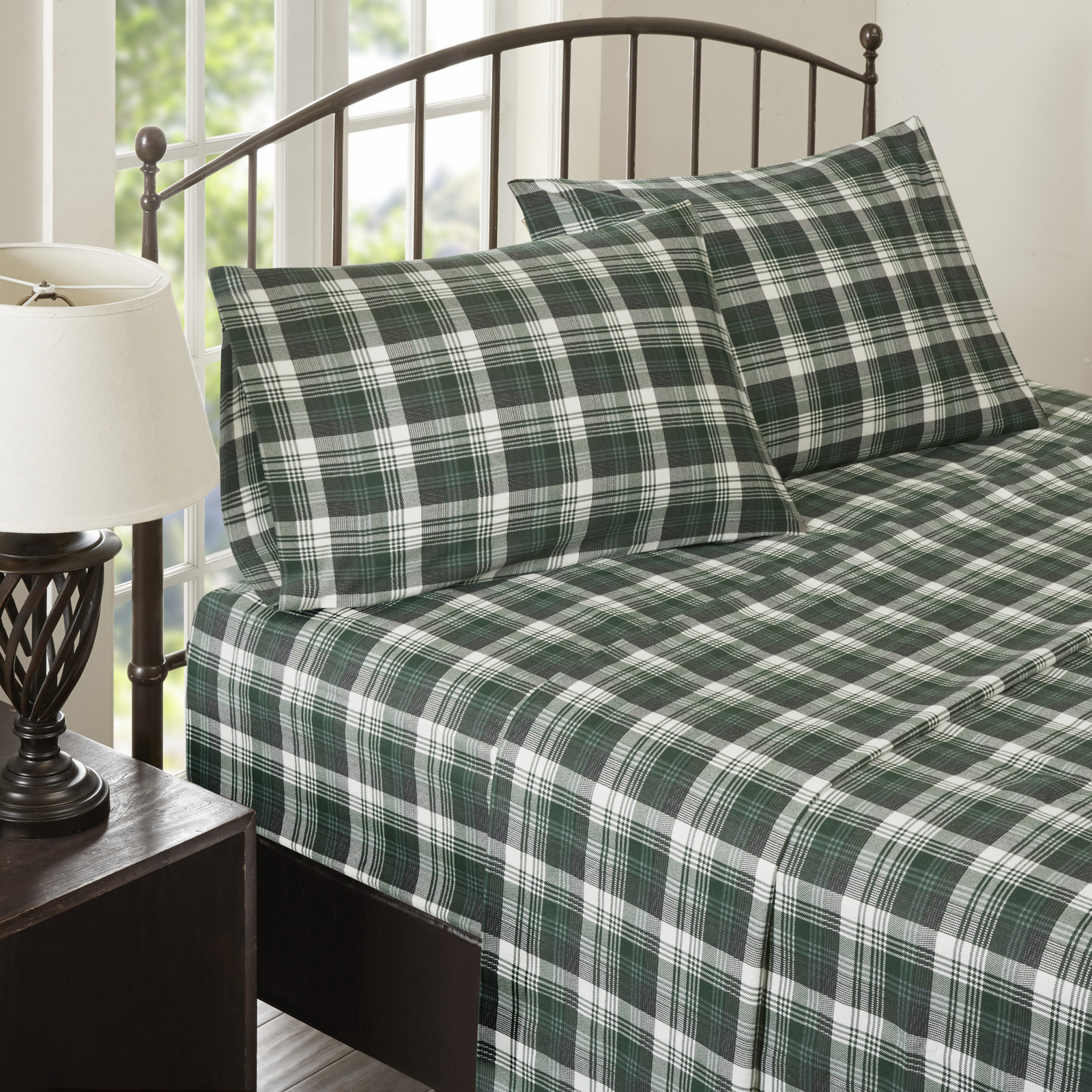 Woolrich 100% Cotton Flannel Sheet Set, California King Sheet Set with 2 Pillowcases, Green Plaid