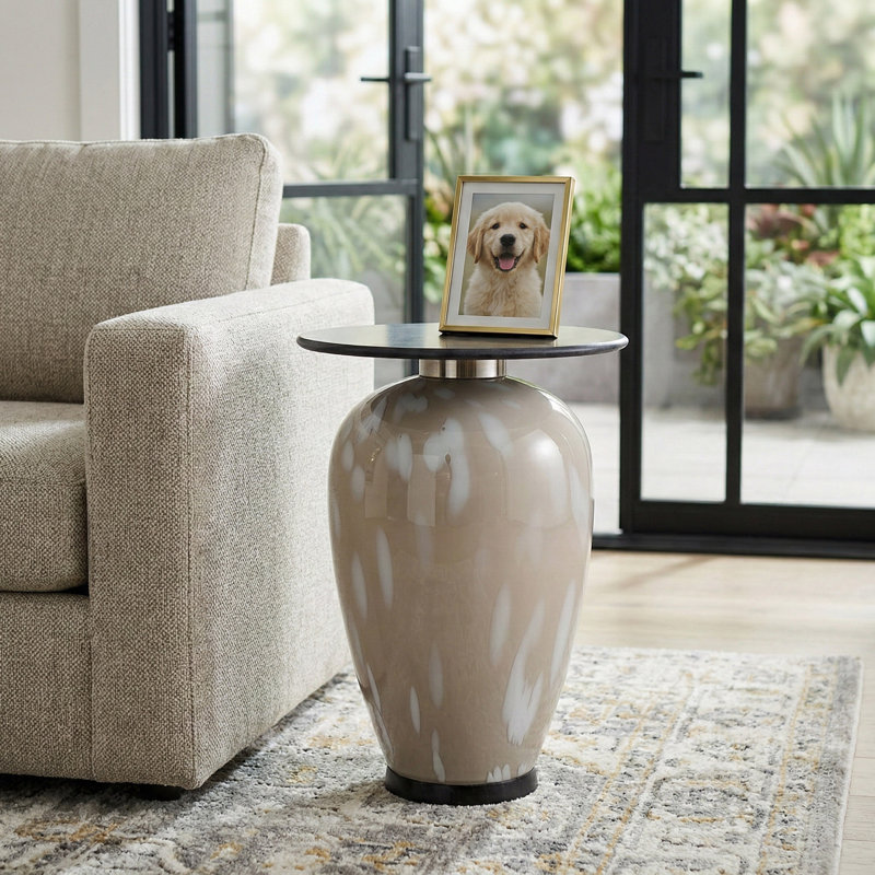 Round Side Table with Marble Top and Swirl Pattern Glass Base - Narrow End Table for Living Room or Bedroom - Modern Accent Furniture with Contemporary Style - 22", White
