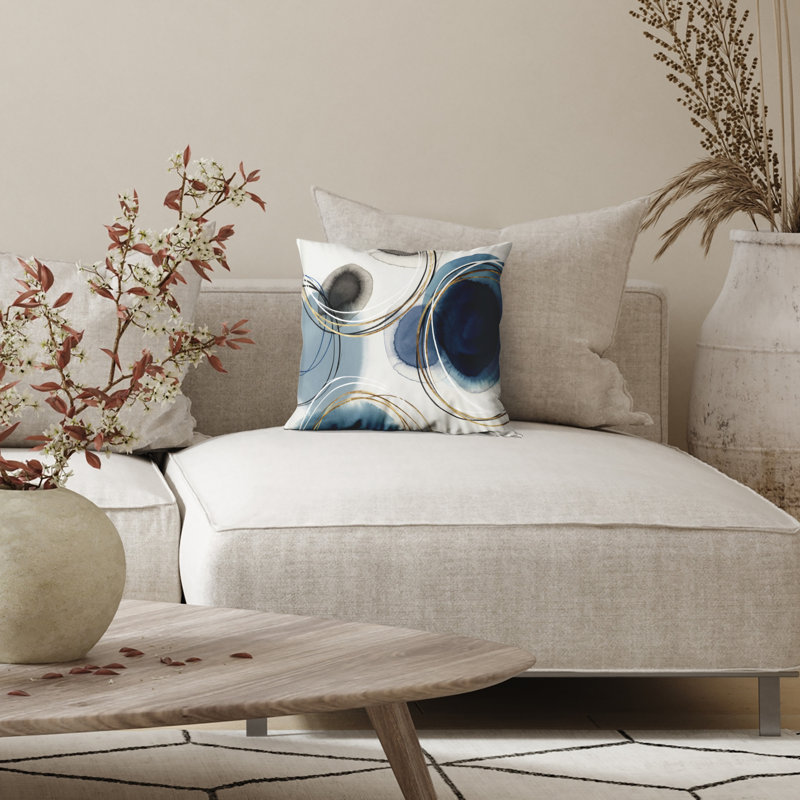 Coussin Americanflat - Insert cousu - Polyester - Conception abstraite, H 18 po x l 18 po, Blanc / Bleu