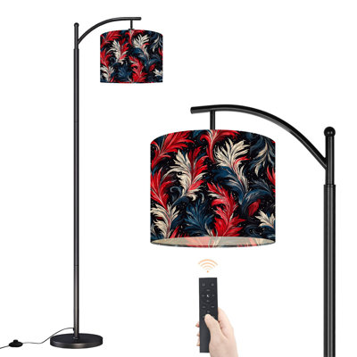 Arc Floor Lamp with Adjustable Lampshade Red White Blue Feathers Abstract Black Standing Lamp 3 Colour Temperatures Dimmable Tall Pole Lamp with Foot Switch for Bedroom