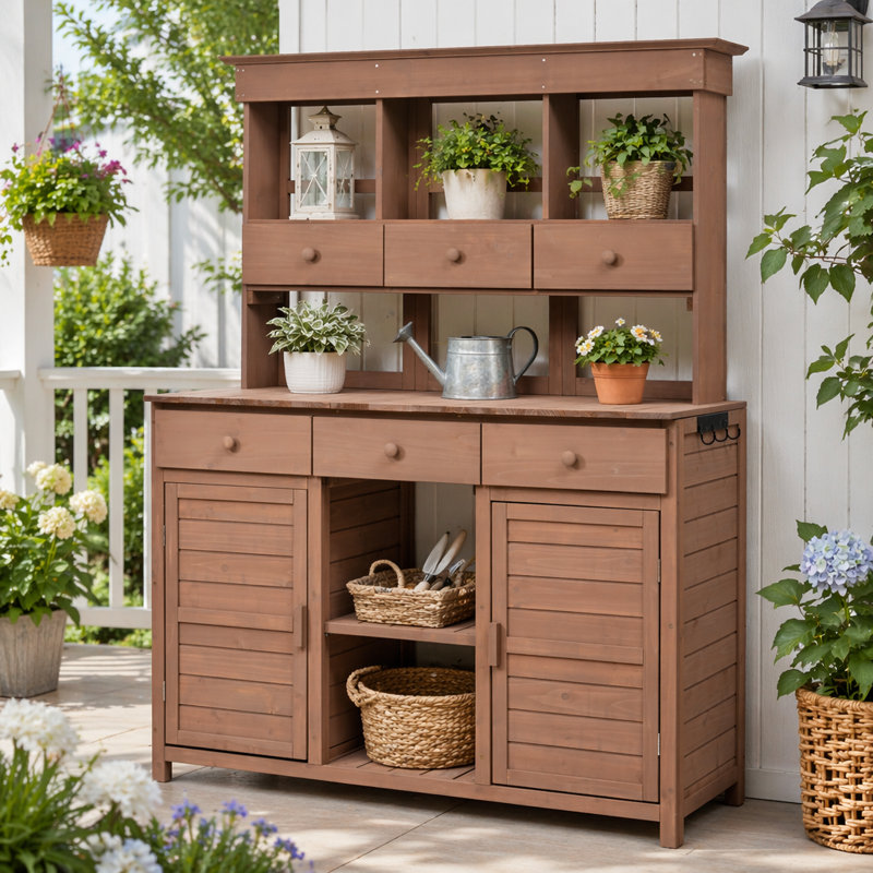 Banc de jardinage haut de 65,7 po avec 6 tiroirs et 3 tablettes, Brun
