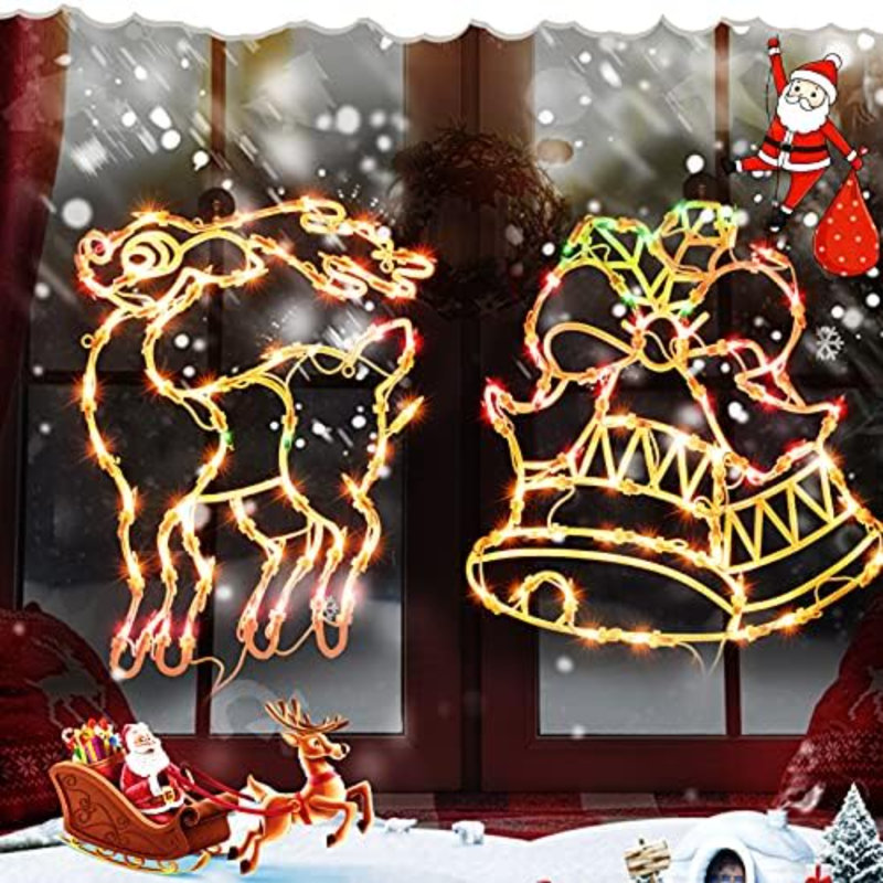 Christmas Window Silhouette Lights Decorations, Pack Of 4 Sign Lighted Snowflake, Snow Man, Bell, And Deer For Holiday Indoor Wall Door Glass Décor