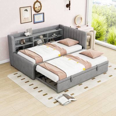 Twin Upholstered Daybed with USB Charging Station and Shelves and Trundle by Latitude Run