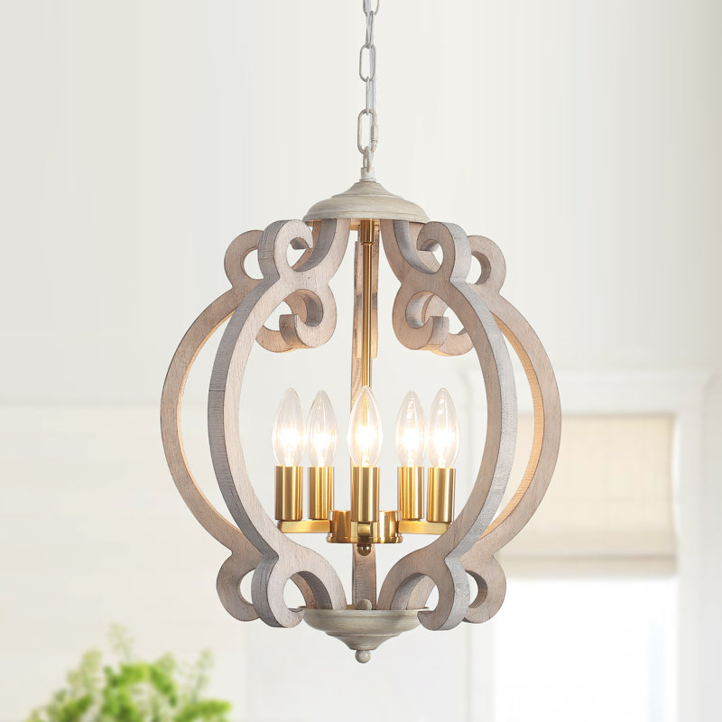 Plewak 5 - Light 15.74" Wide Dark Distressed Wood/Gold Dimmable Distressed Wood Farmhouse Country Geometric Chandelier, Modern Chandelier Rustic Ceiling Pendant Lights for Living Room Bedroom Foyer