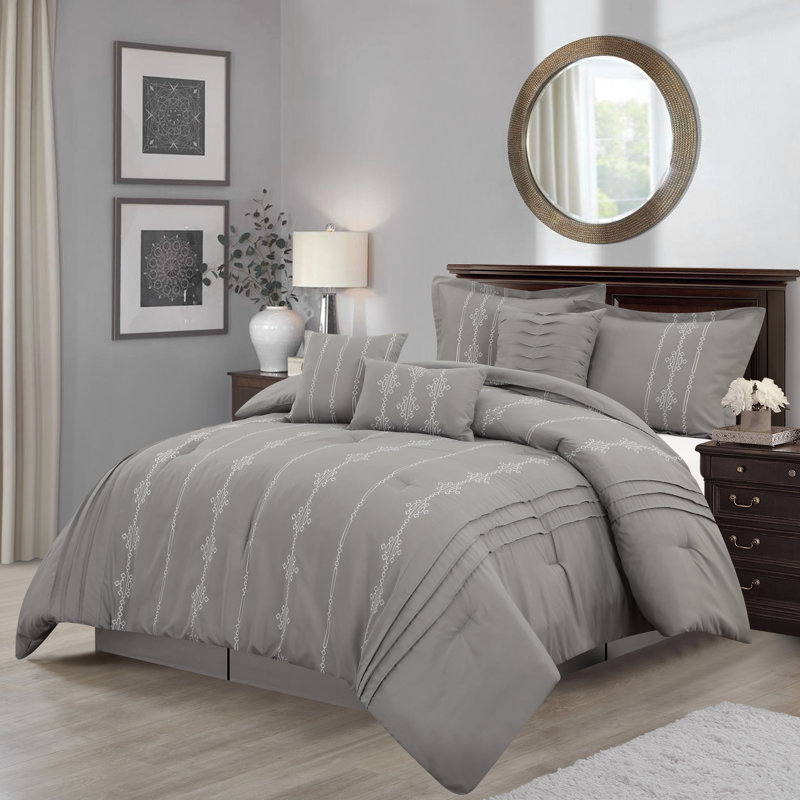  Ensemble d'édredon à rayures géométriques 7 pièces Nathalie, Grand édredon + 2 taies décoratives standard + 3, gris