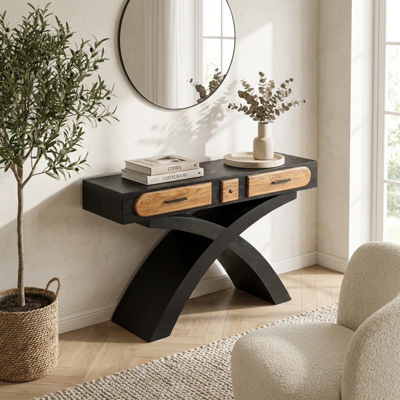 Console moderne avec pieds croisés et tiroirs à deux poignées