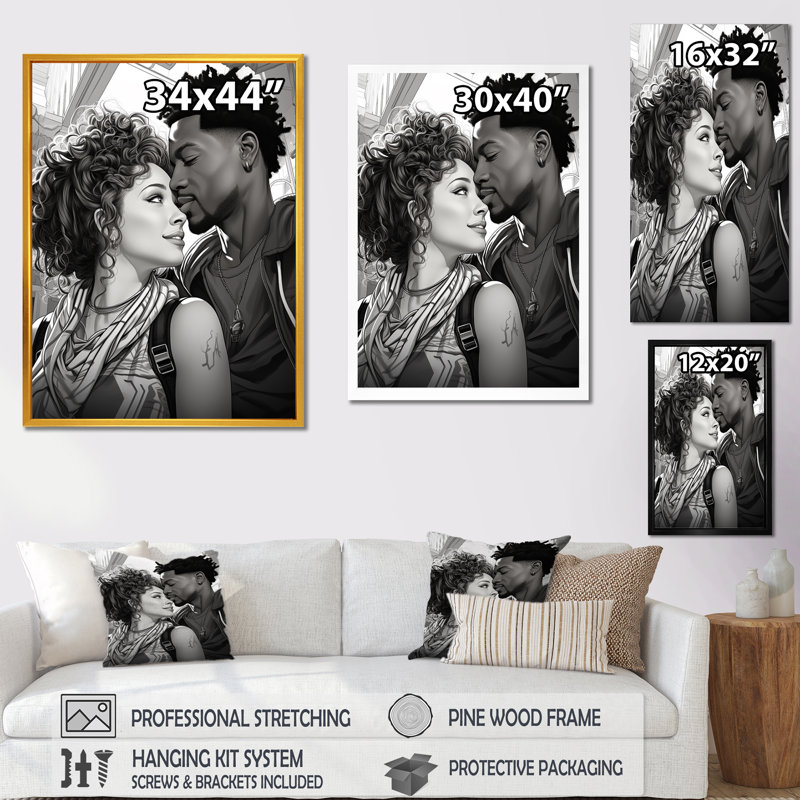 "Illustration d'un couple afro-américain", Cadre doré simple, H 40 po x l 30 po x P 1,5 po