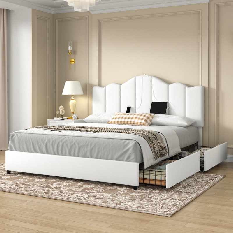 White Upholstered Platform Storage Full Size Bed Frame with Adjustable Headboard, 4 Storage Drawers, Type-C & USB Charging Ports, Noise-Free Wood & Metal Structure, No Box Spring Needed