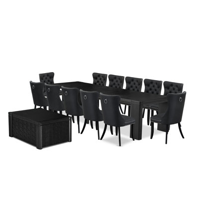 Ensemble de table de salle à manger 14 pièces comprenant une table de salle à manger rectangulaire avec une table basse et 12 chaises en tissu de polyester gris foncé, noir brossé