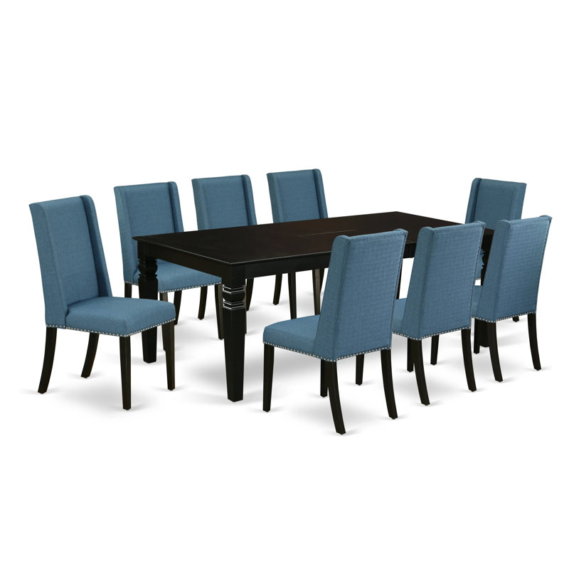 Ensemble de table de cuisine 9 pièces comprenant une table de salle à manger rectangulaire avec feuille papillon et 8 chaises de salle à manger Parson en tissu bleu, noir