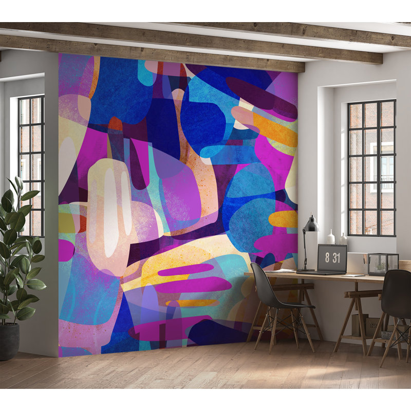 Murale abstraite pelez et collez Lajeanna - Violet, L 108 po x l 120 po