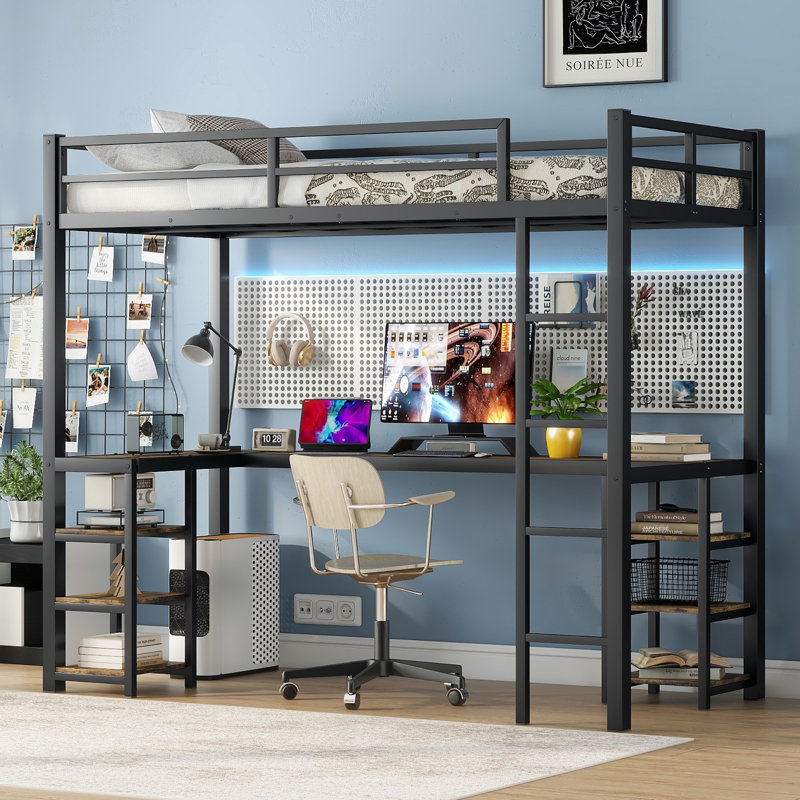 Twin XL Metal Loft Bed with L-Shaped Desk, Shelves & Guardrails, Space-Saving Frame with Ladder for Bedroom, Black, Twin XL