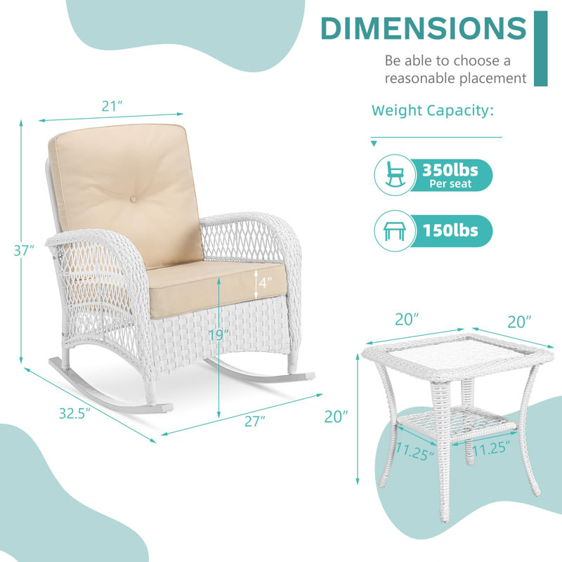 White Wicker and Beige Cushions 3-Piece Patio Rocking Bistro Set