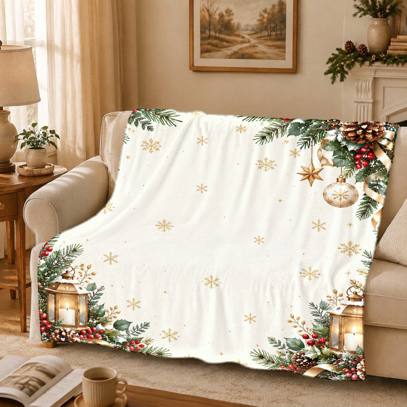 1Pcs Christmas Lantern Snowflake Print Flannel Blanket - Festive Holiday Design;Cozy and WarmMachine WashablePerfect for Living Room, Bedroom, Outdoor UseEasy to Carry Travel CampingA Thoughtful Gift Idea. Bedding and sofa items