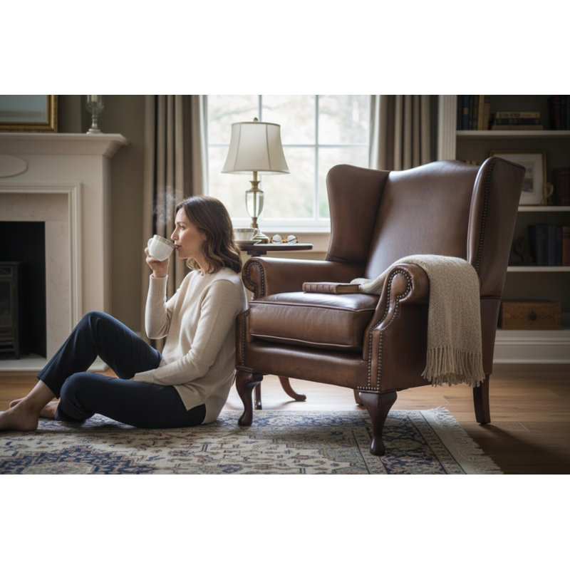 Upholstered Full Grain Leather Wingback Chair