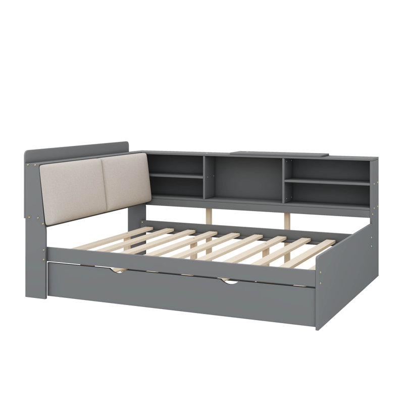 Practical Platform Bed With Pull Out Trundle Shelving Units And Storage Headboard, Grey