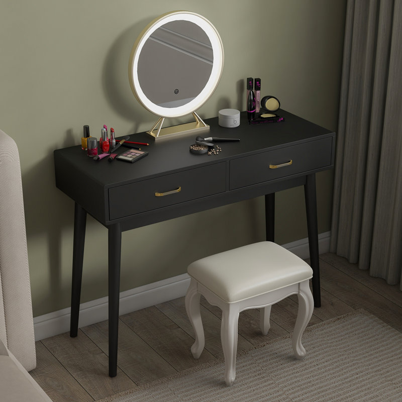 39" Small Space Desk & Vanity, Solid Wood 2-Drawer Compact Black Desk , Black