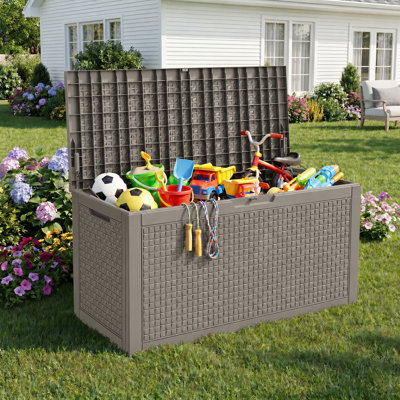 130 Gal Large Outdoor Storage Deck Box, Water Resistant Resin Patio Storage Box with Lockable Lid and Hydraulic Rods