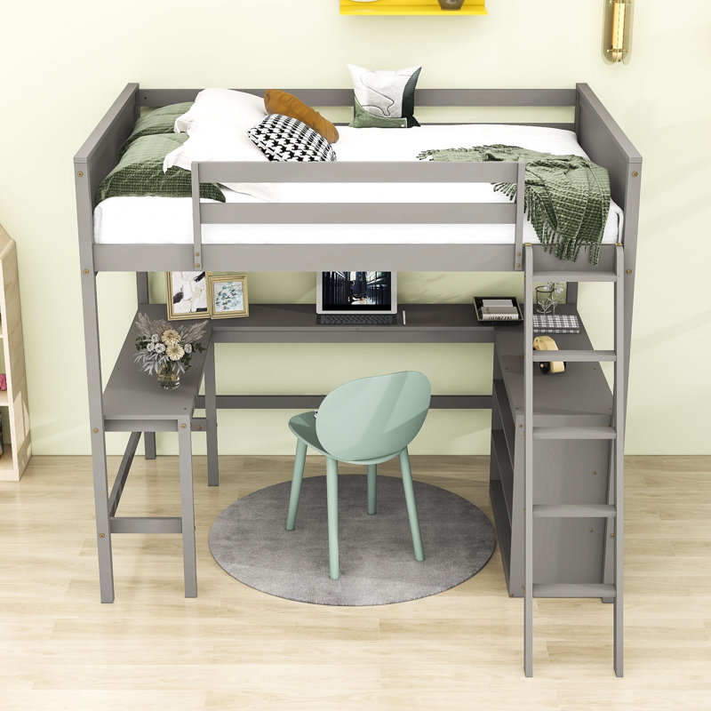 Wood Loft Bed with Desk and Shelves, Gray, Full