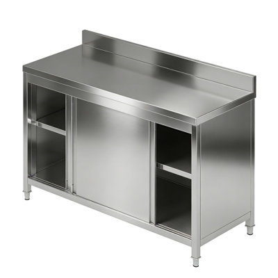 Table de 59 po en acier inoxydable, table en métal avec 2 tablettes, table de préparation de cuisine avec porte coulissante, Mesa de Acero inoxidable pour restaurant, maison, garage, buanderie (23,6 po x 59 po)