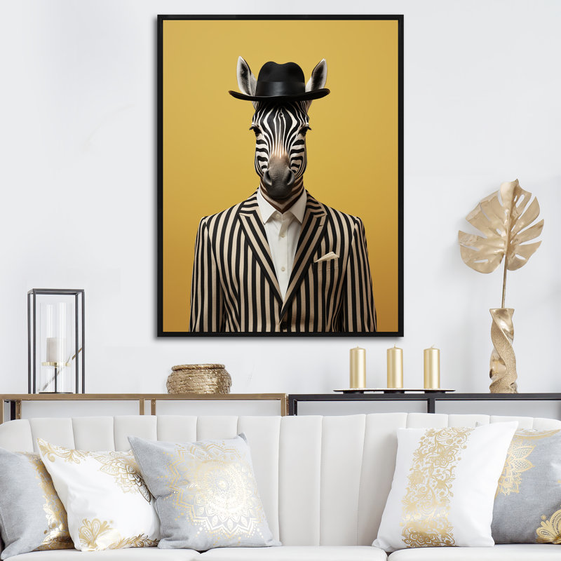 Chic Zebra suit - Art mural animal zèbre, H 40 po x l 30 po x P 1,5 po, Cadre flottant noir