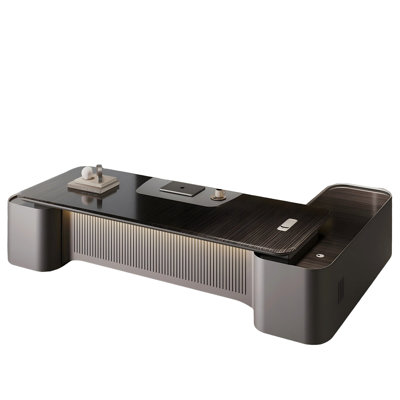94.49"Modern Light Luxury Lacquer Executive Desk with Side Cabinets and LED Light Strips
