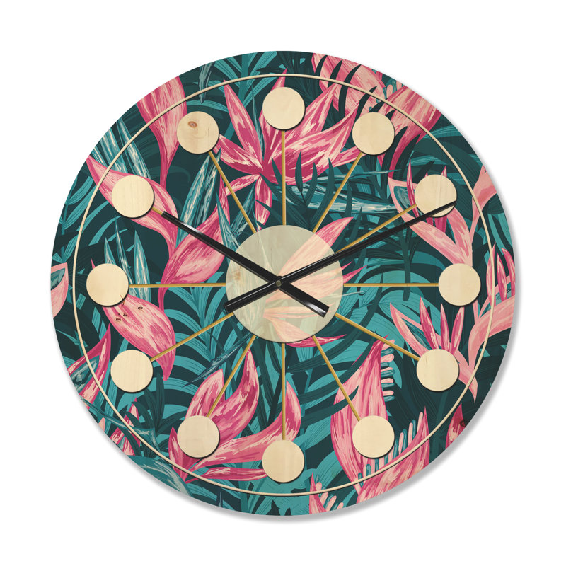Fleurs tropicales - Horloge murale moderne en bois Mid-Century, Moyenne
