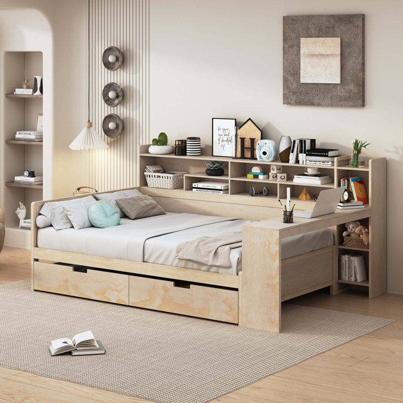 Baelee Wooden  Multi-Functional Daybed With Storage Shelves, 2 Storage Drawers And  Study Desk, Natural, Full