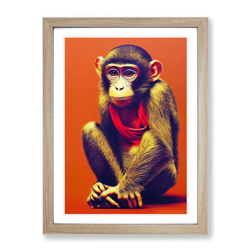 Young Monkey No.3 - Single Picture Frame Painting, 64cm H x 46cm W x 2cm D, Oak