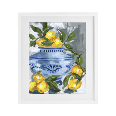 Indigo & Lemon Vase Framed Print Under Glass, design by Melissa Wang