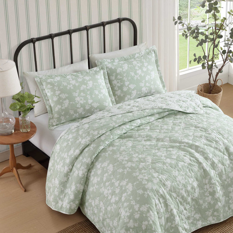 Laura Ashley Stripe Perfection Cotton Reversible Quilt Set, Twin Quilt + 1 Standard Sham, Green Floral