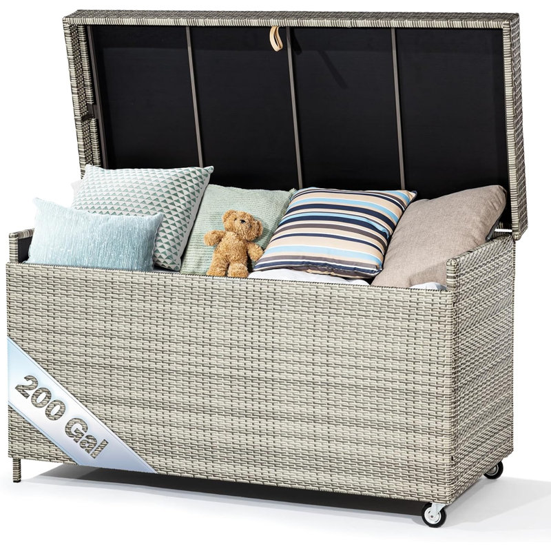 200 Gallons Water Resistant Wicker Deck Box with Wheels in Gray
