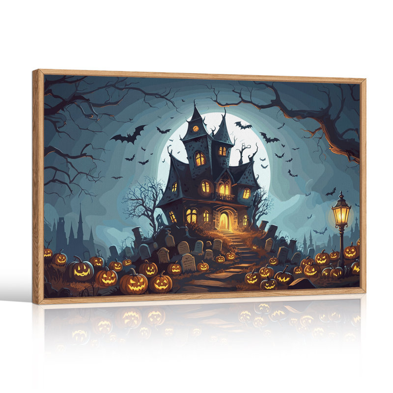 Art mural sur toile Spooky Haunted House Under Full Moon, 18"H x 24"W