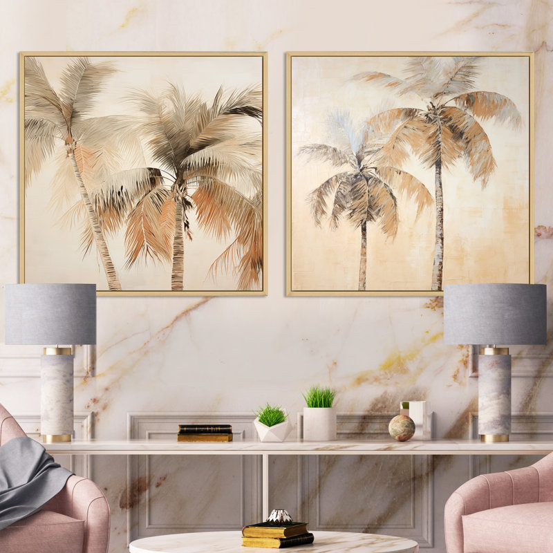 Minimalisme, ensemble de 2 palmiers et palmiers tropicaux, Cadre flottant brun, H 36 po x l 73 po