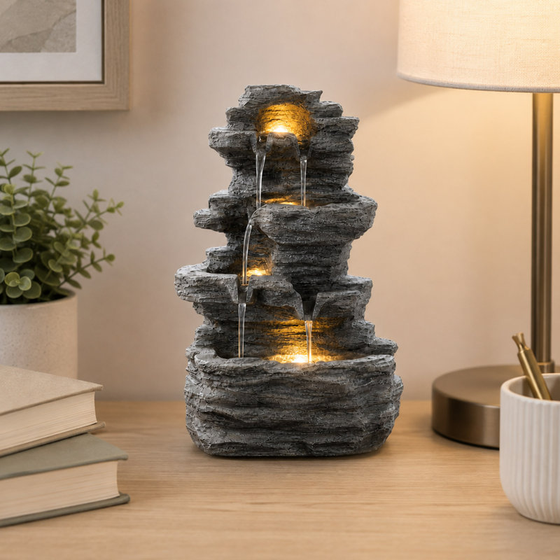 15.5'' Gray Rock Waterfall Tabletop Fountain
