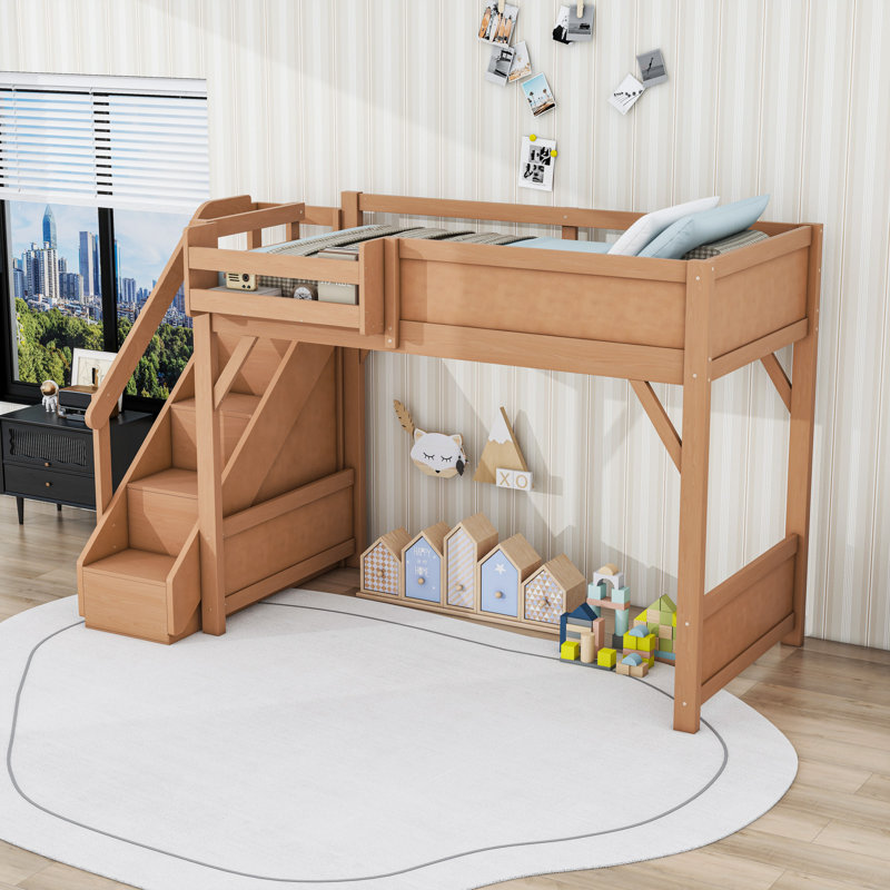 Lit mezzanine avec penderie et tablettes intégrées, Naturel foncé, Lit simple