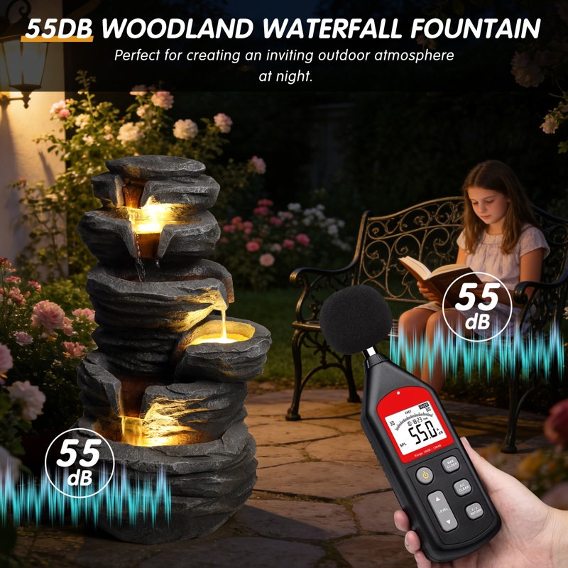  Outdoor Water Fountain, 25.6" Tall Resin Waterfall Fountain with LED Lights, 4-Tier Rock Cascading Fountain for Patio Garden Decor - Gray