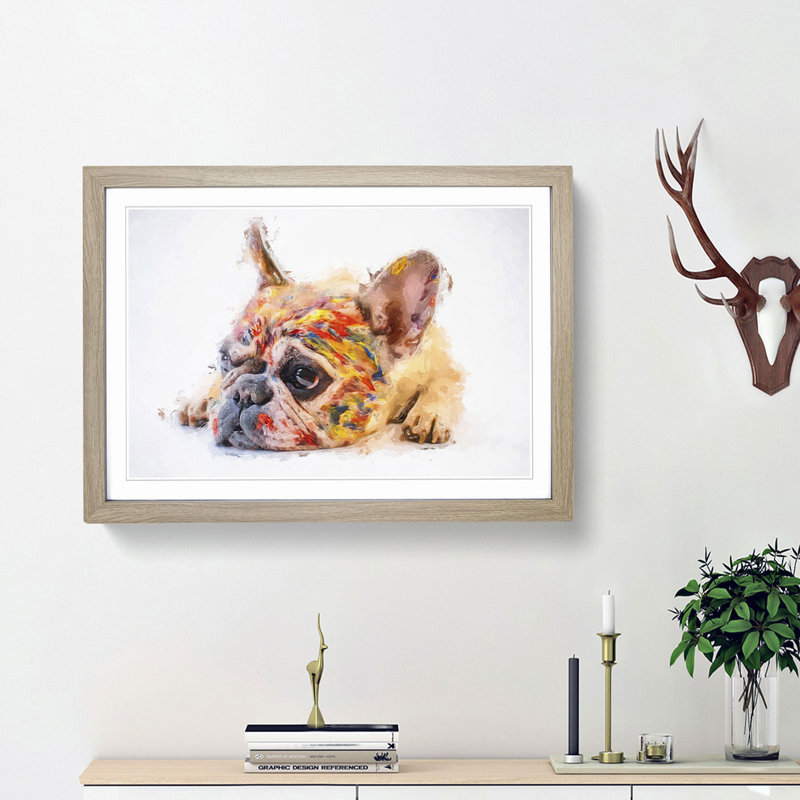 Painted French Bulldog in Abstract - Picture Frame Painting Print on MDF, Oak Framed, 62cm H x 87cm W x 2cm D