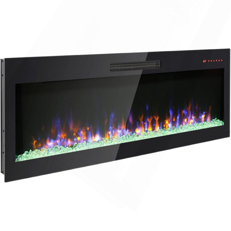 60" Recessed Thin Tempered Glass Front Wall Mounted Electric Fireplace With Remote And Multi Color Flame And Ember Bed, LED Light Heater