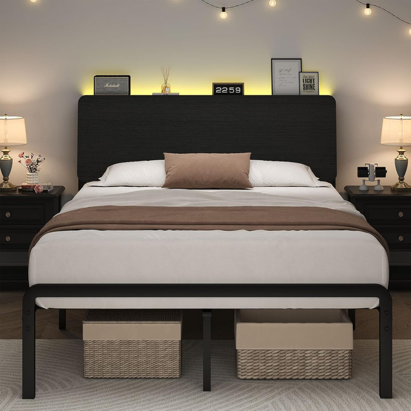 Metal Platform Bed, with LED Storage Headboard, Black, Queen