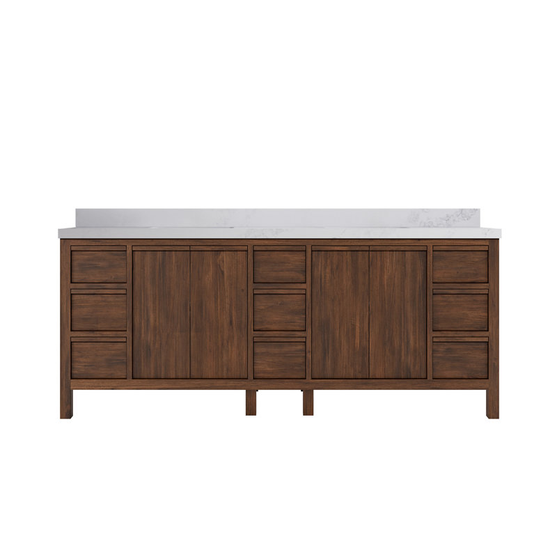84'' Double Bathroom Vanity with Quartz Top, Calacatta Nuvo, Dark Walnut