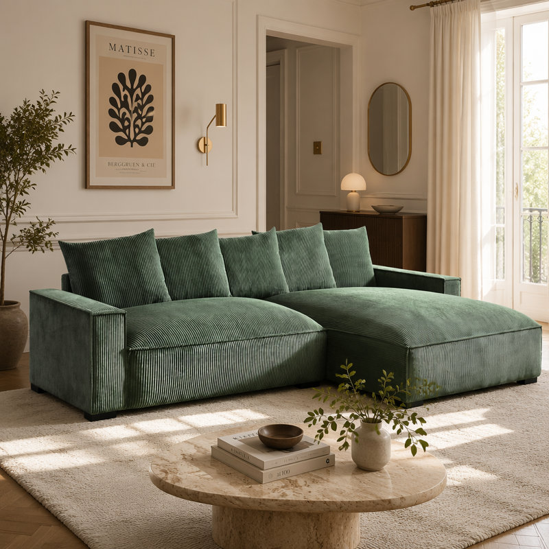 Canapé modulaire en L avec rembourrage en duvet de plumes et revêtement en velours côtelé, Velours côtelé vert foncé