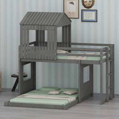 Farmhouse Loft Bunk Bed with Playhouse, Ladder and Guardrails