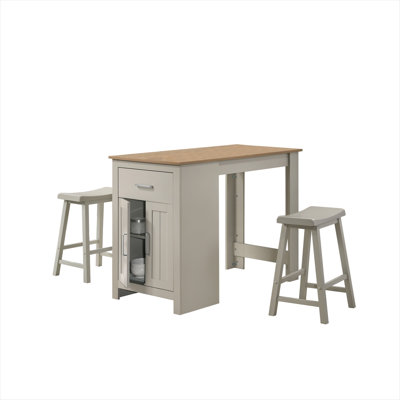 47-Inch 3-Piece Counter Height Dining Set in Warm Brown with Storage Cabinet, Drawer, and 2 Stools