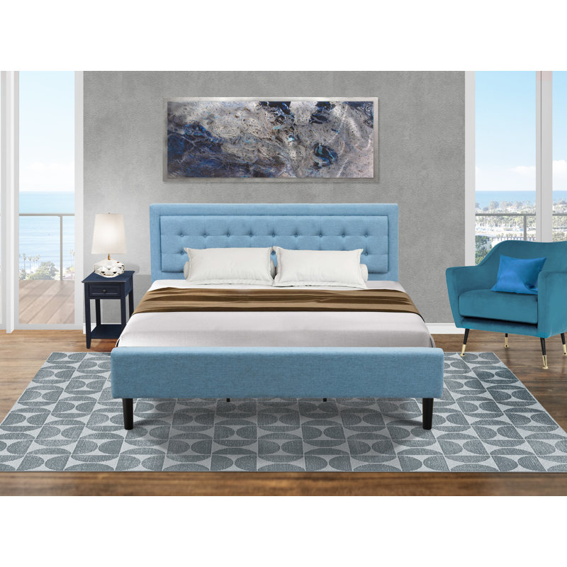 Ensemble de chambre à coucher 2 pièces avec 1 lit Mid-Century et 1 table de chevet - Fabrication fiable et durable - Tissu en lin bleu denim