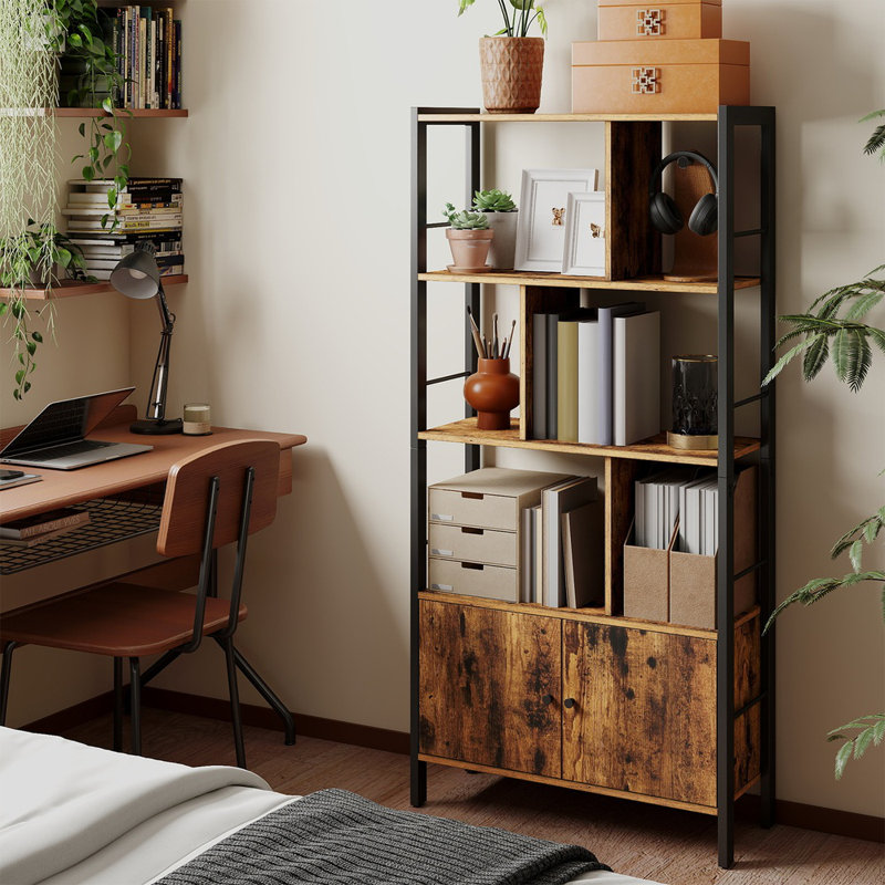 Jazmyne 154.5cm H x 74cm W Steel Standard Bookcase, Rustic Brown/Black
