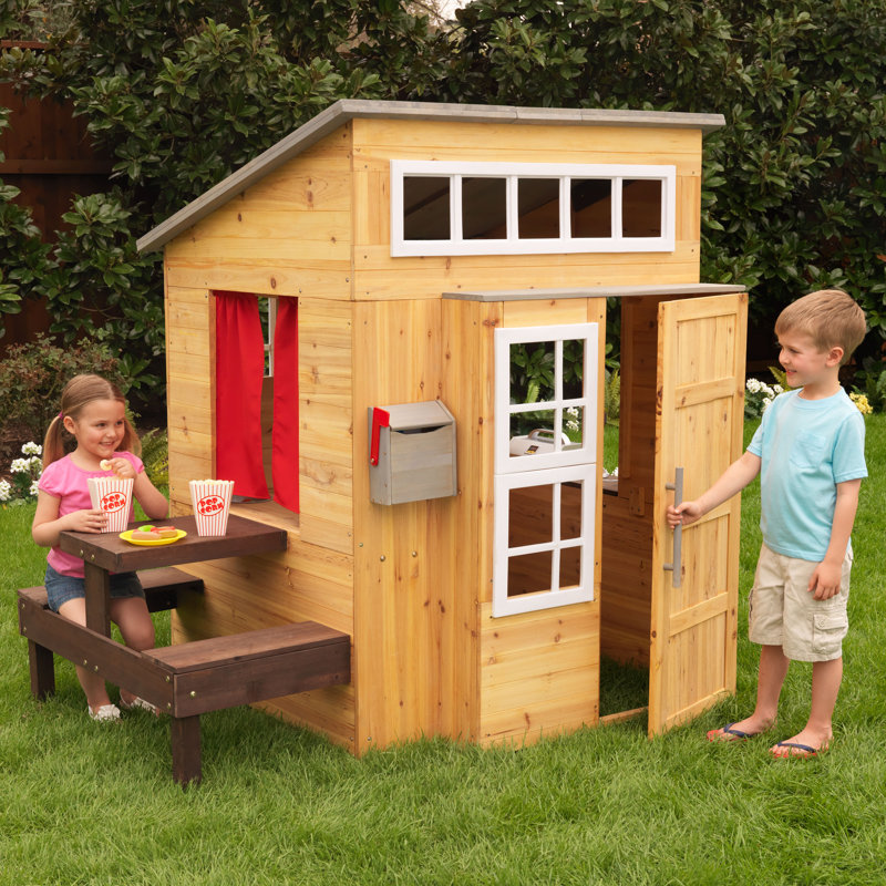 Modern Outdoor Wooden Playhouse with Picnic Table, Mailbox and Outdoor Grill - Natural