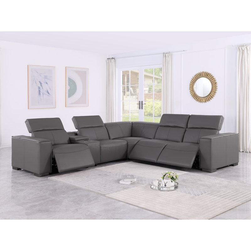 Luxurious Genuine Leather 6-Piece Sectional With 3 Power Reclining Seats & Power Headrest, Gray